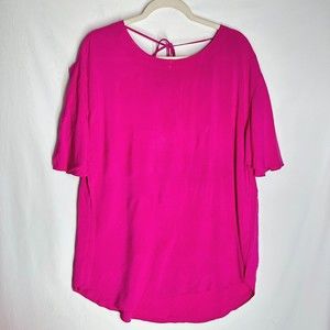 Soft Surroundings Womens Pullover Blouse Size Large Fuchsia Split Sleeve Tassel